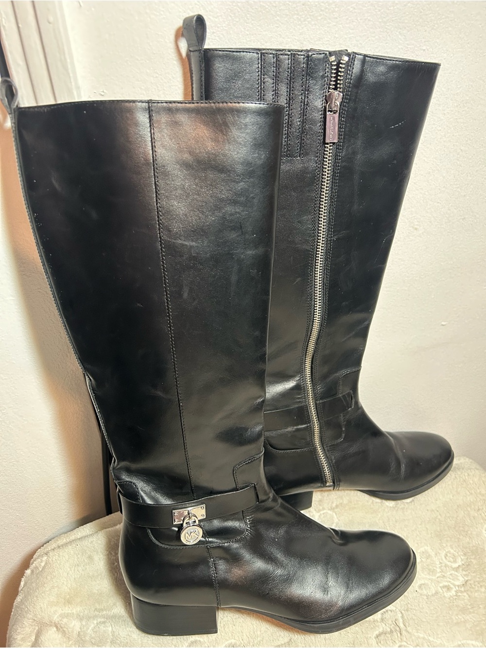 Michael Kors Black Leather Knee-High Zip Riding Boots with Logo Charm